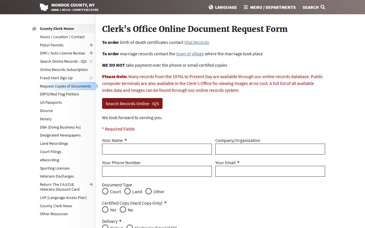 Monroe resident lookup Clerk document copy request form